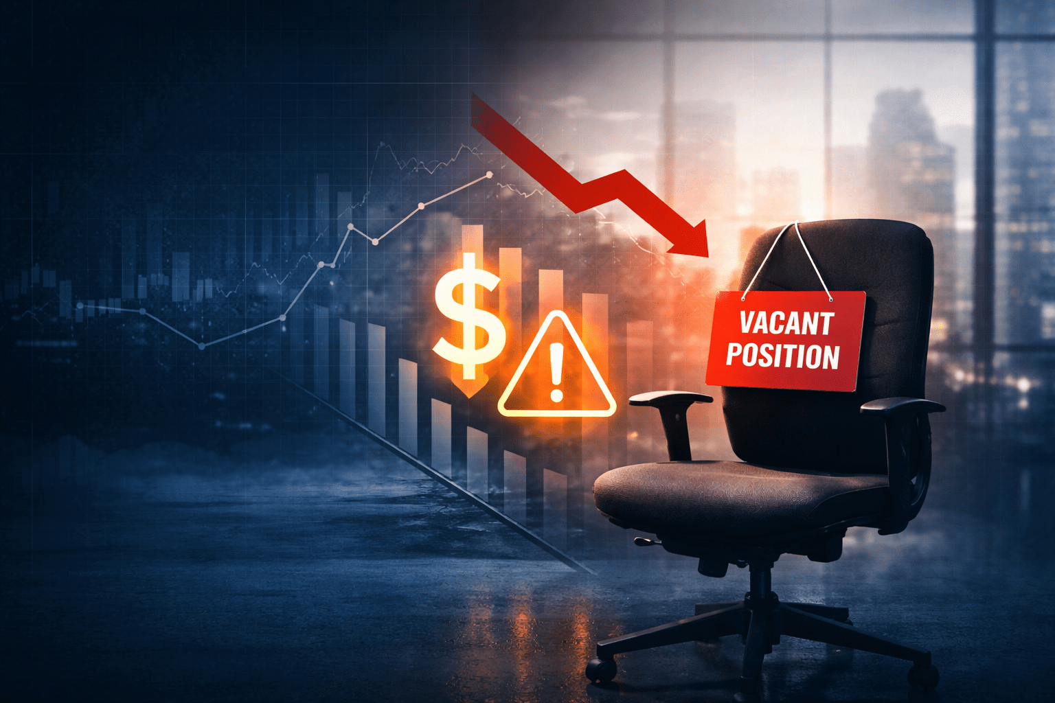 Empty office chair representing unfilled actuarial role with financial risk and declining performance charts