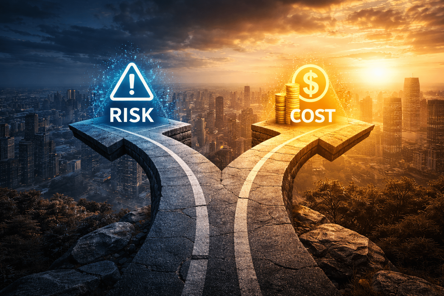 Forked road representing business decision between risk and cost with contrasting financial outcomes in a city setting