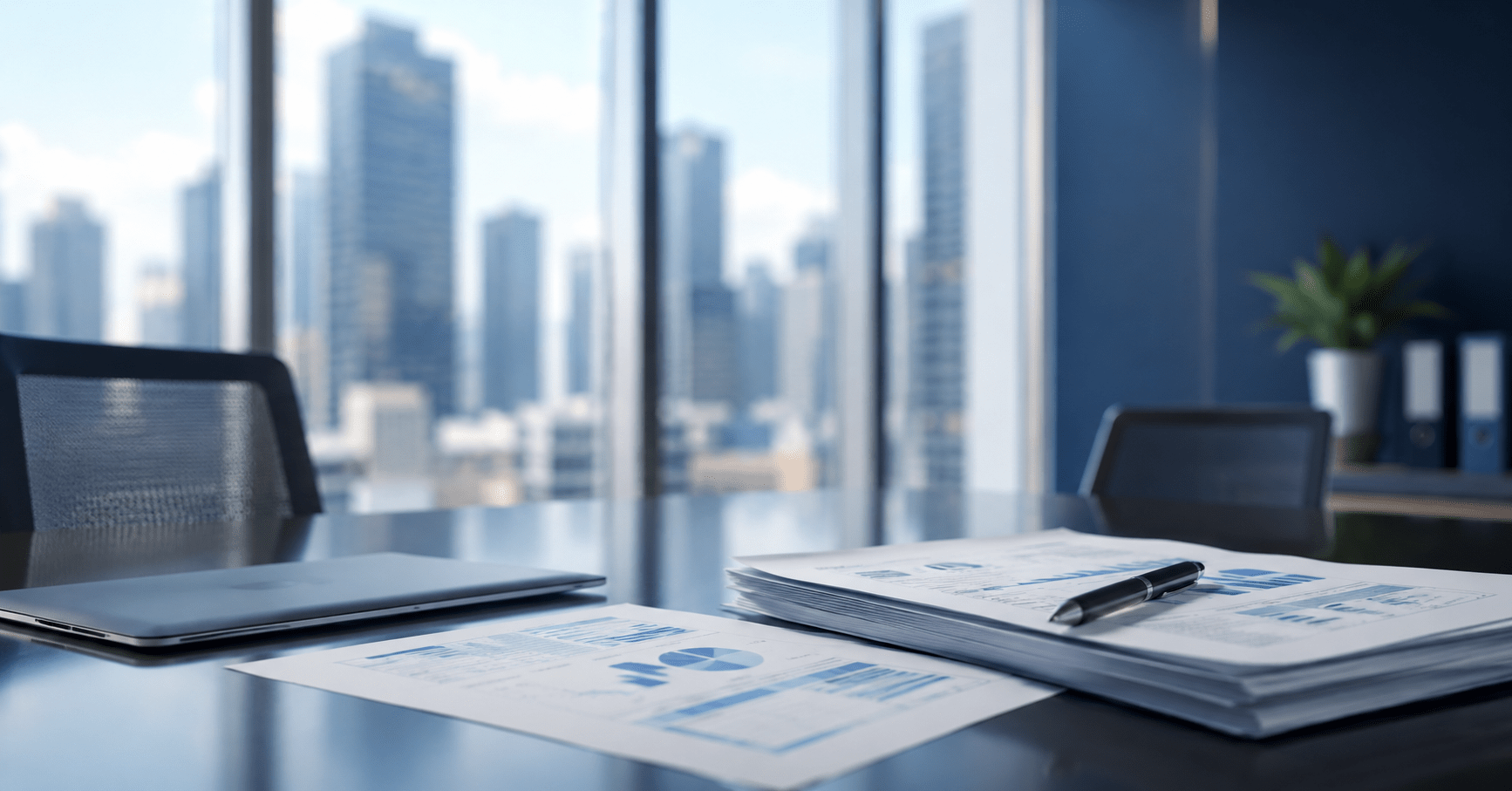 Modern corporate conference room with financial reports, laptop, and documents on a table overlooking a city skyline, representing operational strategy and business risk in healthcare actuarial leadership.