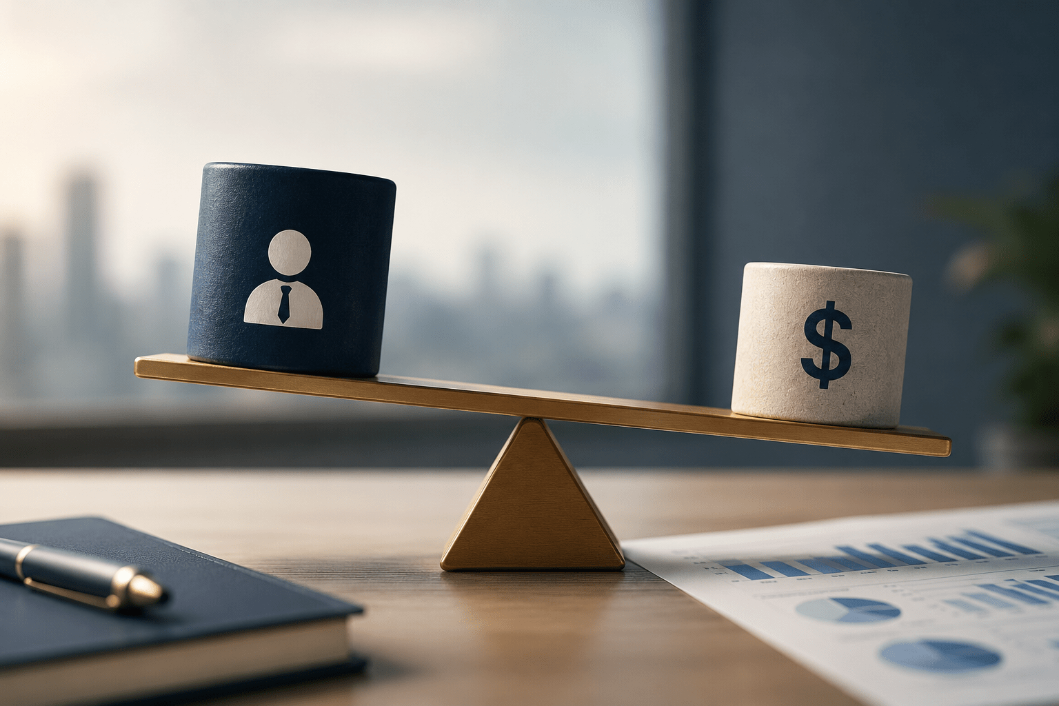Balance scale weighing talent and financial considerations in a corporate office setting, representing the tradeoff between hiring risk and recruiting cost in insurance and actuarial workforce planning.
