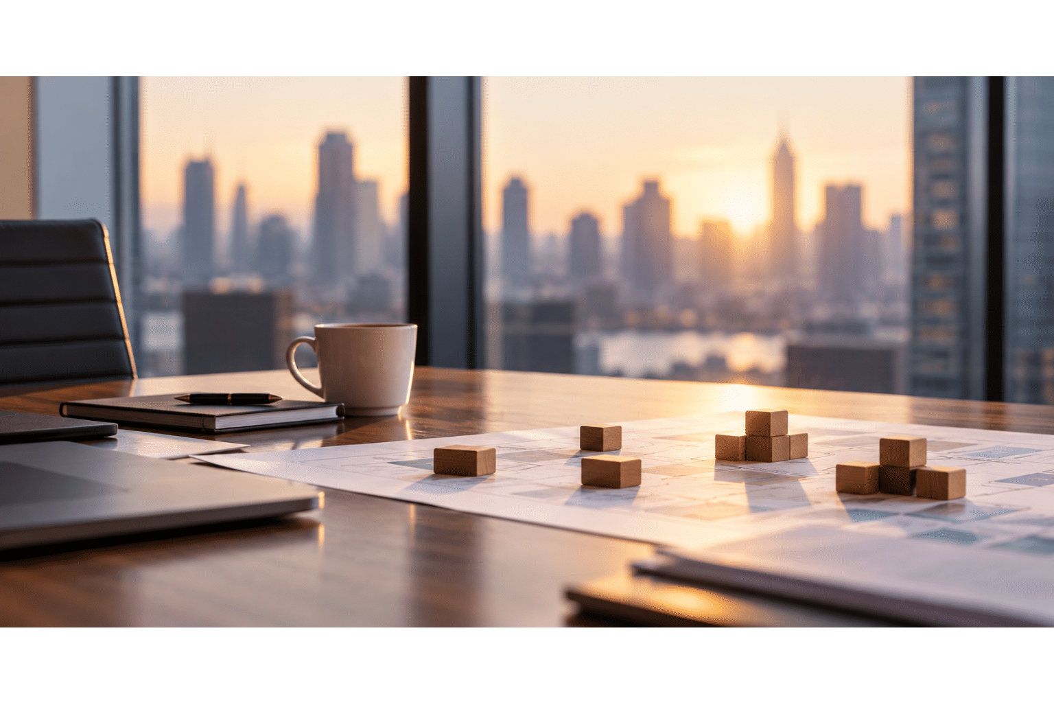 Actuarial hiring strategy materials on a conference table overlooking a city skyline.